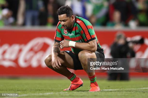 John Sutton of the Rabbitohs looks dejected after defeat during the NRL Preliminary Final match between the Canberra Raiders and the South Sydney...
