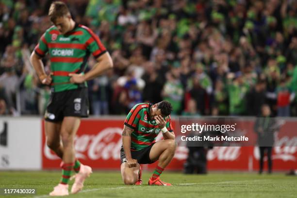 John Sutton of the Rabbitohs looks dejected after defeat during the NRL Preliminary Final match between the Canberra Raiders and the South Sydney...