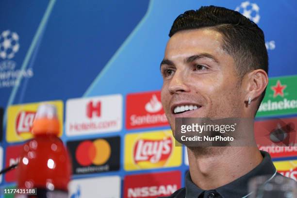 Cristiano Ronaldo of Juventus FC during the press conference on the eve of the UEFA Champions League match between Juventus FC and FC Lokomotiv...