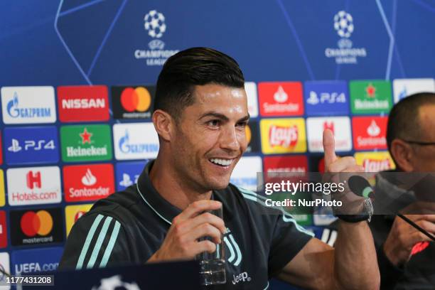 Cristiano Ronaldo of Juventus FC during the press conference on the eve of the UEFA Champions League match between Juventus FC and FC Lokomotiv...