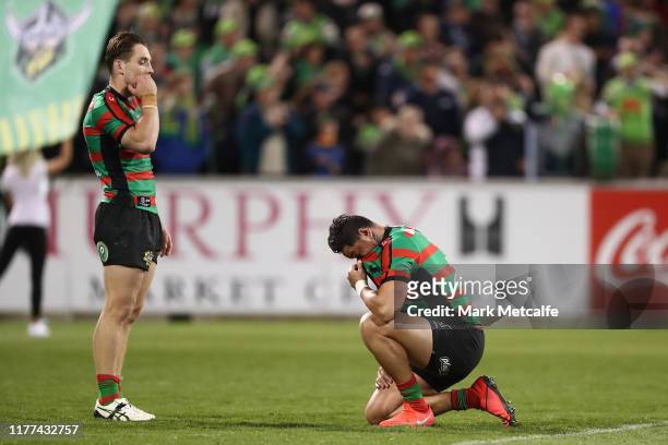 John Sutton of the Rabbitohs looks dejected after defeat during the NRL Preliminary Final match between the Canberra Raiders and the South Sydney...