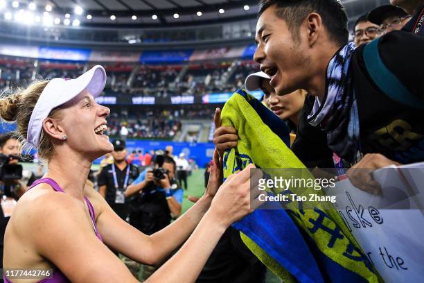 Alison Riske of the United States celebrates with fans after the Ladies single semifinal against Petra Kvitova Day 6 of 2019 Dongfeng Motor Wuhan...