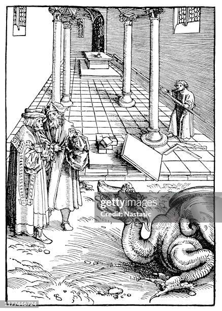 lucas cranach the elder, measuring the temple (woodcut) - synagogue stock illustrations