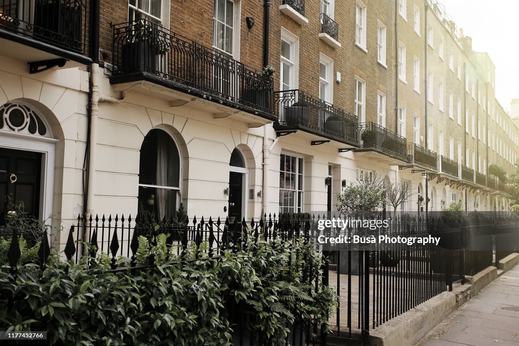 Front entrances of elegant row houses in London