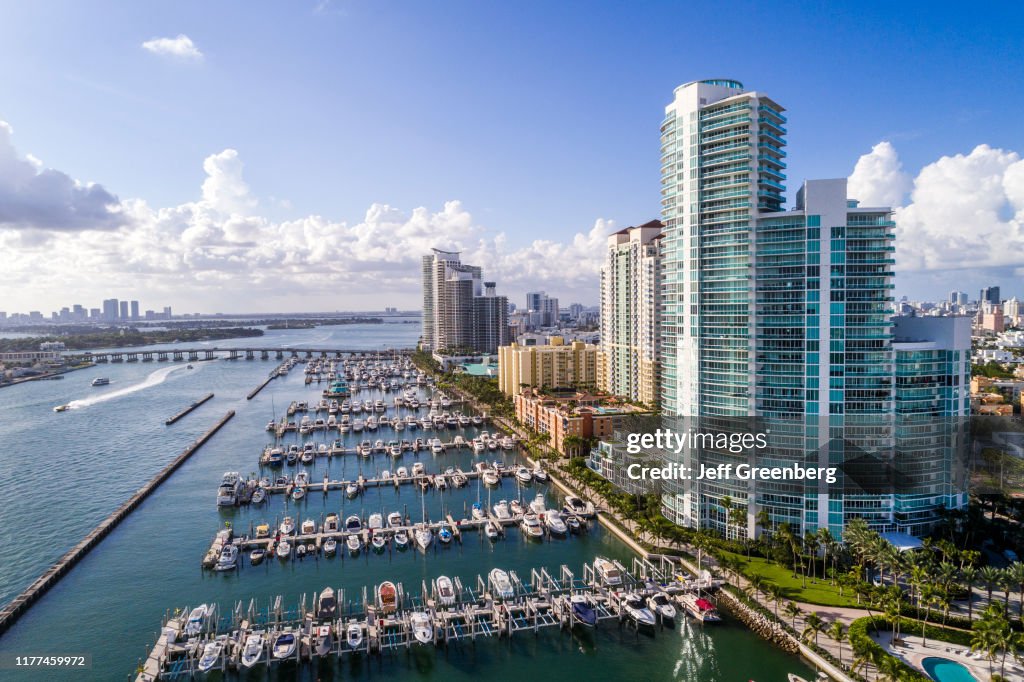 Miami Beach, South Pointe, Aerial of Biscayne Bay, marina and Murano At Portofino