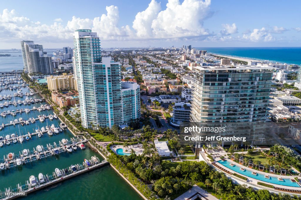 Miami Beach, South Pointe, Aerial of Biscayne Bay, marina and Murano At Portofino