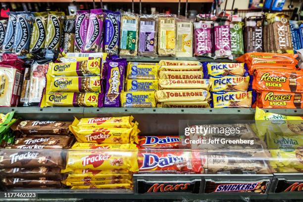 London, Snickers, Tracker, Mars, Toblerone and Reese's candy on display.