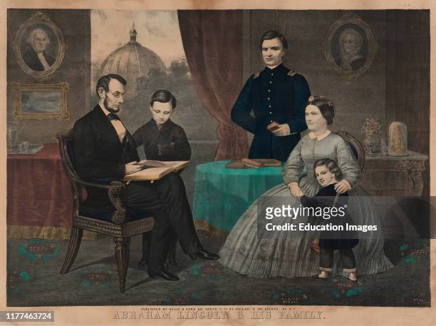 Abraham Lincoln and his Family, from Left Abraham Lincoln, William Lincoln, Robert Lincoln, Mary Todd Lincoln, Thomas Lincoln, Lithograph Published...