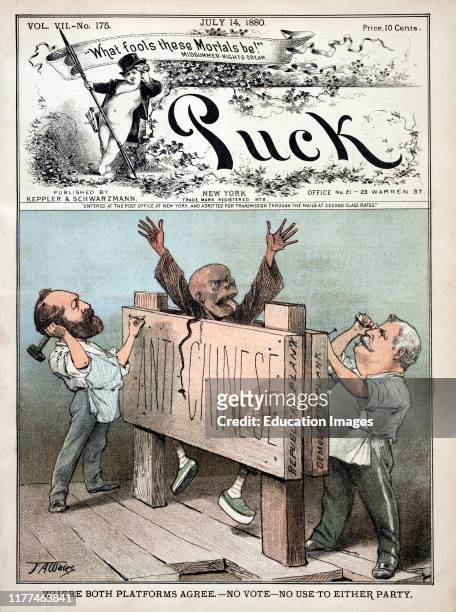 "Where Both Platforms Agree, No Vote, no Use to either Party", Illustration of James Garfield and Winfield S. Hancock nailing a Chinese man between...