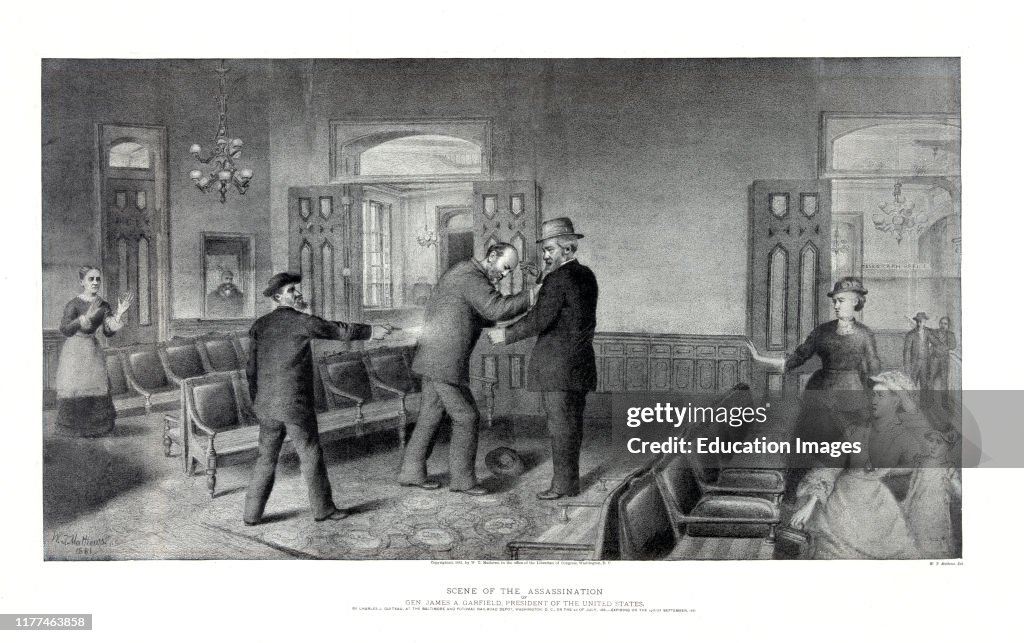 Scene of the Assassination of Gen James A Garfield, President of the United States, Lithograph, WT Mathews, 1881