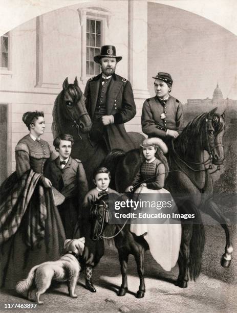 General Grant and his Family, Full-Length Portrait of Ulysses S. Grant standing next to his Wife and four Children, Engraving by Samuel Sartain,...