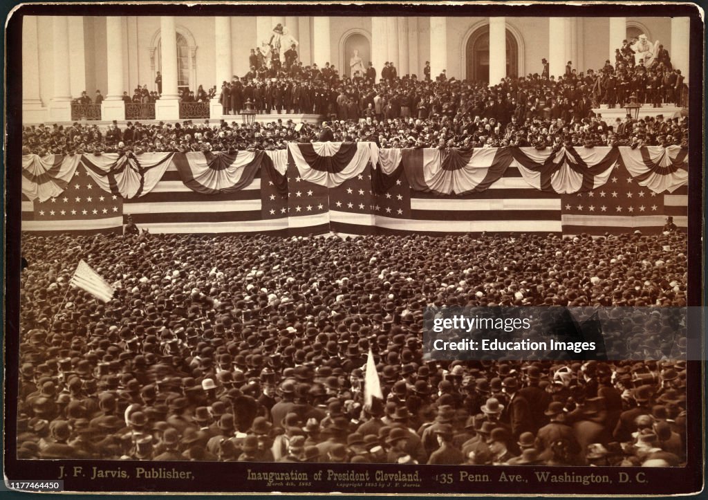 Inauguration of President Cleveland, US President Grover Cleveland Delivering his Inaugural address to crowd, East Portico of US Capitol, Washington DC, USA, Photograph by JF Jarvis, March 4, 1885
