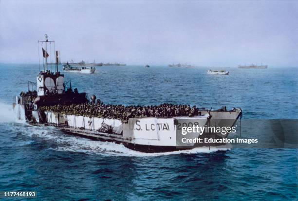 Navy Ship Loaded with U.S. Troops Heading toward Beachhead during Invasion of Normandy, Normandy, France, June 7, 1944.