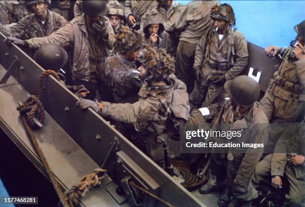 Soldiers aboard Landing Craft, Vehicle, Personnel, LCVP, approaching Omaha Beach, Normandy, France, June 7, 1944.