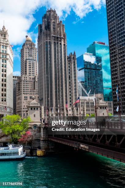 Chicago skyline along the Chicago River, Chicago, Illinois.