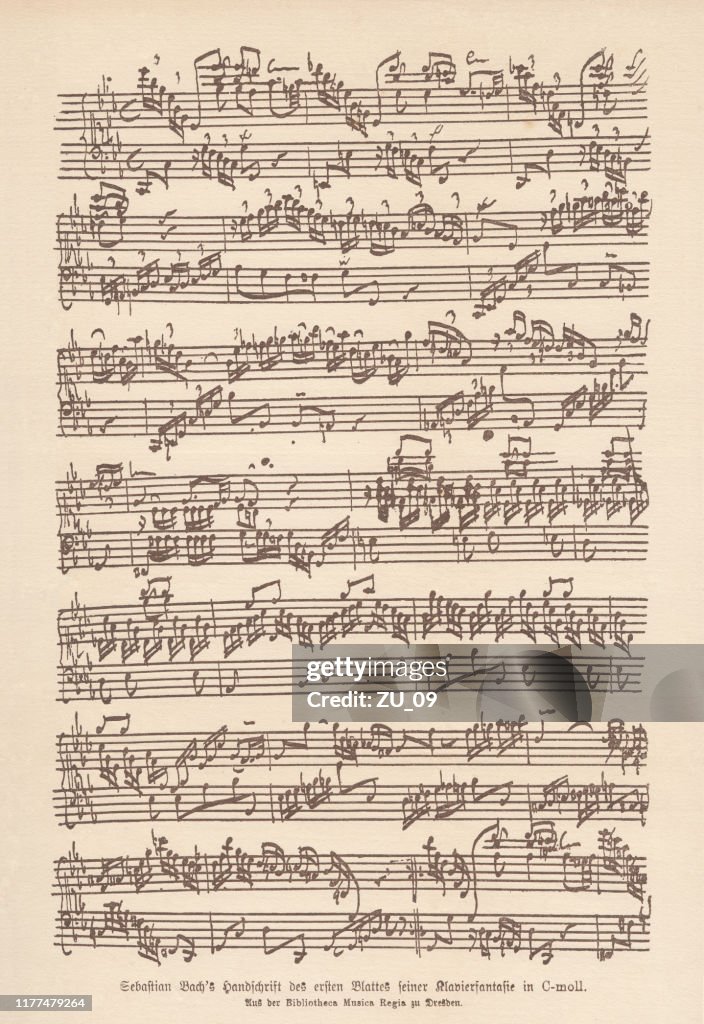 Manuscrito de Bach, fantasia e fuga para teclado, fac-símile, publicado 1885