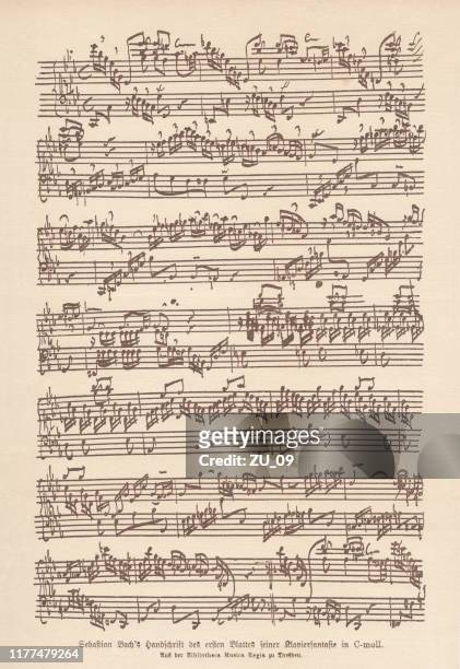 bach's manuscript, fantasia and fugue for keyboard, facsimile, published 1885 - sheet music stock illustrations