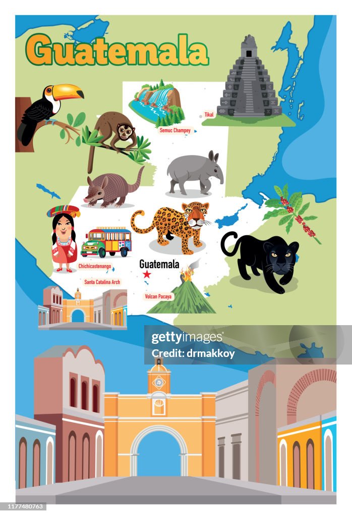 Carte de dessin animé du Guatemala, Semuc Champey, Tikal, Chichicastenango, Pavaya, Canta Catalina Arch, Chimaltenango, Chiquimula, Coatepeque, Cobon, Cuilapa, Escuintla, Esquipulas, Flores, Guatemala City, Huehuetenango, Jalapa, Jutiapa, Mazatenango, Pue
