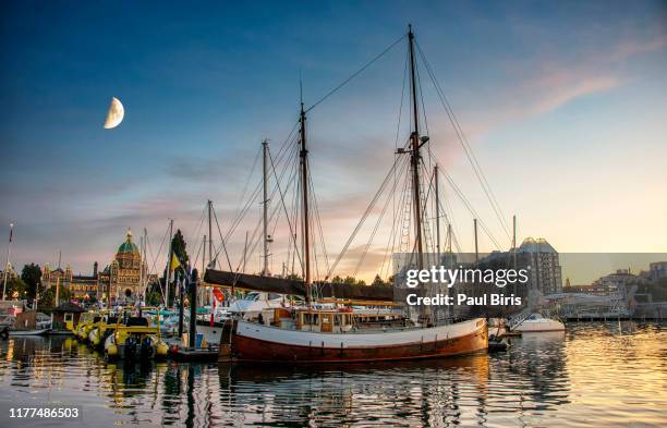 victoria harbour and british columbia parliament buildings at sunset in canada - british columbia flag stock pictures, royalty-free photos & images