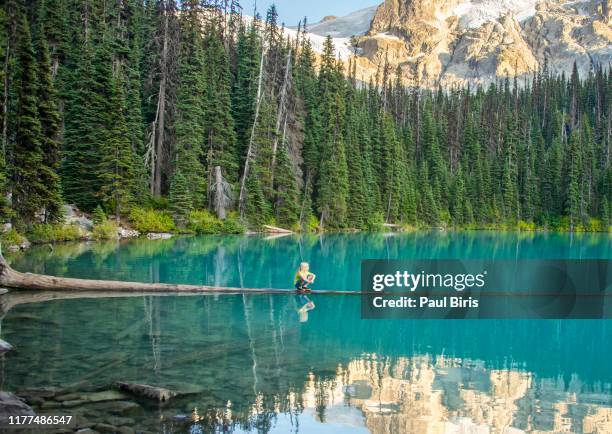 boy standing in the middle of joffre lake, british columbia provincial park,canada - vancouver canada 2019 stock pictures, royalty-free photos & images