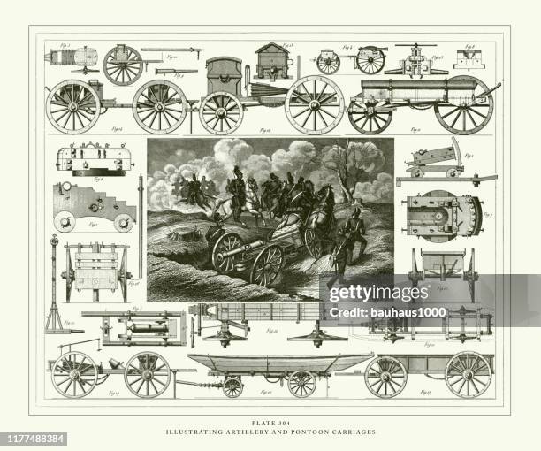 engraved antique, illustrating artillery and pontoon carriages engraving antique illustration, published 1851 - pontoon boat stock illustrations