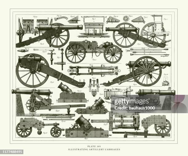 stockillustraties, clipart, cartoons en iconen met gegraveerde antieke, illustrating artillerie rijtuigen gravure antieke illustratie, gepubliceerd 1851 - kanon