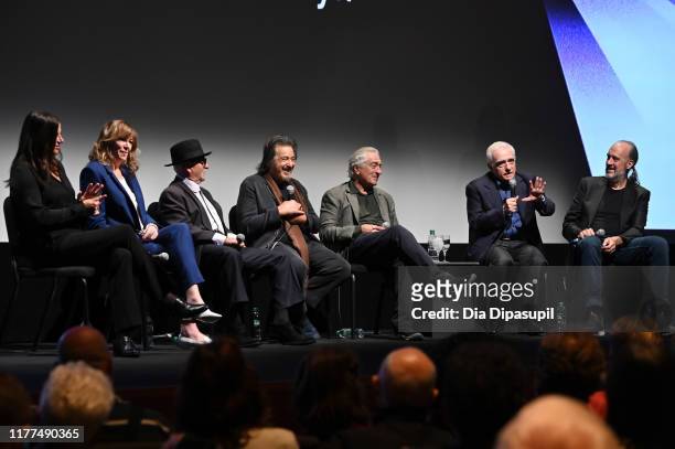 Emma Tillinger Koskoff, Jane Rosenthal, Joe Pesci, Al Pacino, Robert De Niro, Martin Scorsese, and Kent Jones at "The Irishman" press conference...