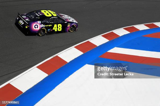 Jimmie Johnson, driver of the Ally Chevrolet, practices for the Monster Energy NASCAR Cup Series Bank of America ROVAL 400 at Charlotte Motor...