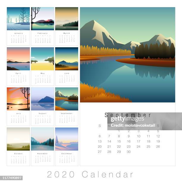 ilustraciones, imágenes clip art, dibujos animados e iconos de stock de calendario de paisajes mínimos de 2020 - las-cuatro-estaciones