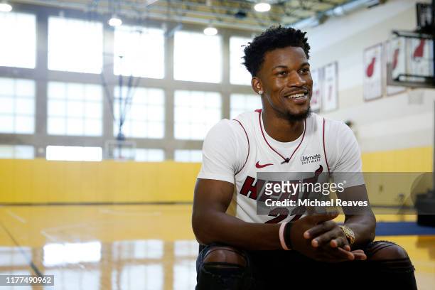 Jimmy Butler of the Miami Heat answers questions from the media during his introductory press conference at American Airlines Arena on September 27,...