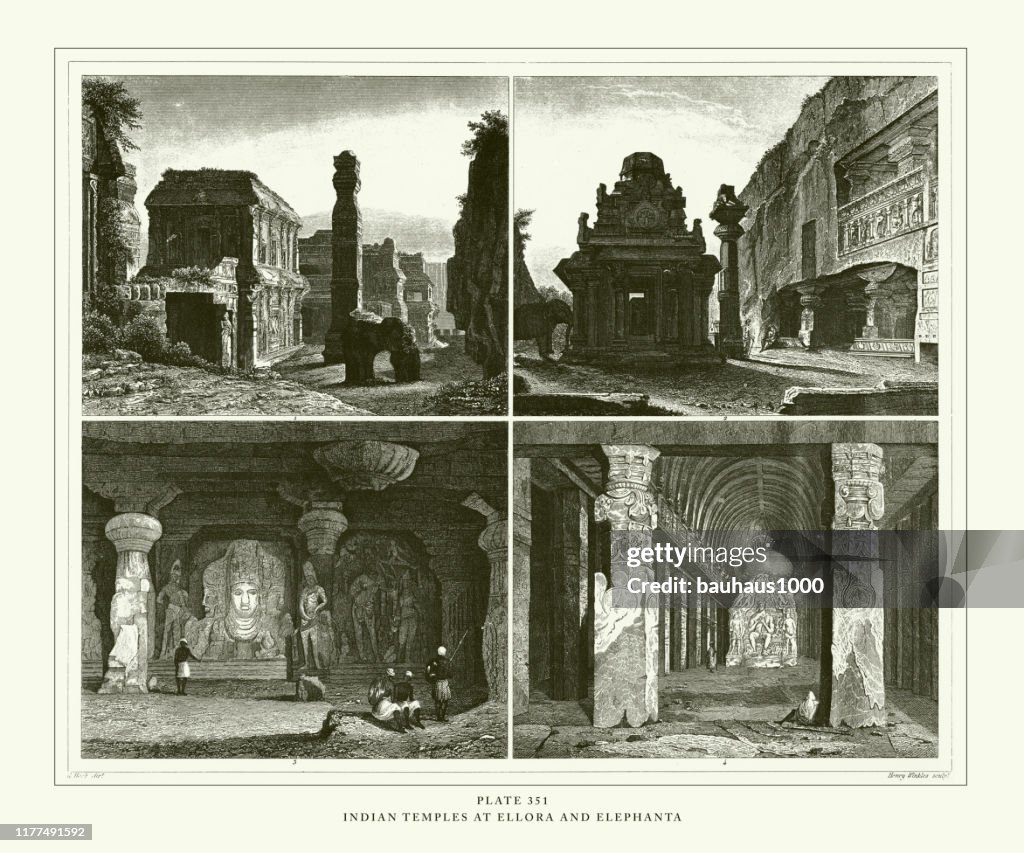Engraved Antique, Indian Temples at Ellora and Elephanta Engraving Antique Illustration, Published 1851
