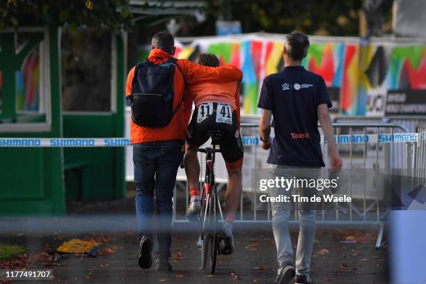 Arrival / Nils Eekhoff of The Netherlands / Disappointment after disqualification for drafting off the national team car following a mid-race crash /...