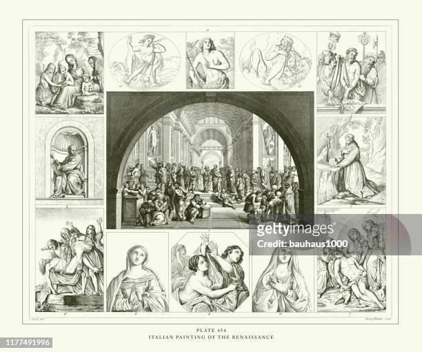 illustrations, cliparts, dessins animés et icônes de gravure antique, peinture italienne de la renaissance gravure antique illustration, publié en 1851 - madonna portrait