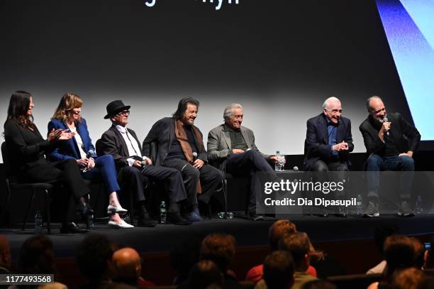 Emma Tillinger Koskoff, Jane Rosenthal, Joe Pesci, Al Pacino, Robert De Niro, Martin Scorsese, and Kent Jones at "The Irishman" press conference...