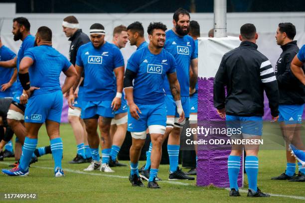 New Zealand's flanker Ardie Savea attends a training session at the Tatsuminomori Seaside Park in Tokyo on October 22 during the Japan 2019 Rugby...