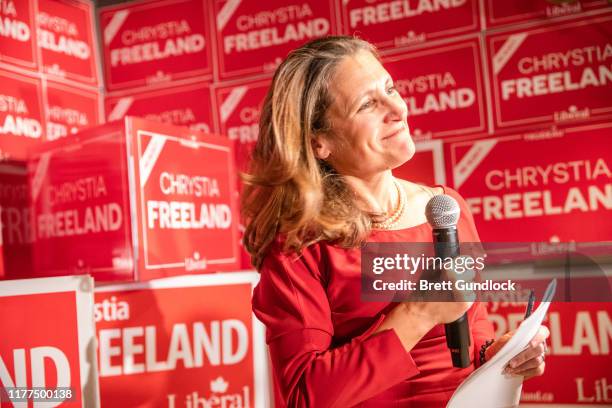 Newly reelected Liberal party member Chrystia Freeland gives a speech, following Canada's 43rd general election, at The Peacock Public House on...