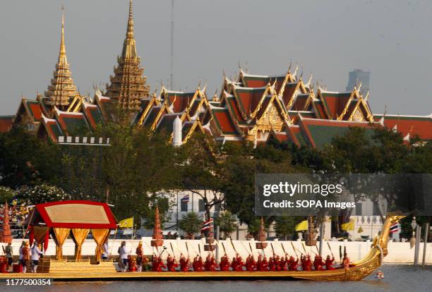 Thai oarsmen seen rowing a royal barge on the Chao Phraya River during a rehearsal ahead of an event scheduled to take place later in the year to...