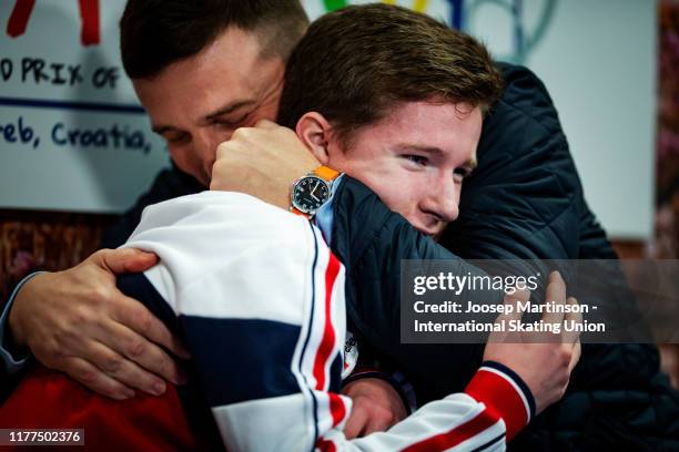 Andrei Mozalev of Russia reacts at the kiss and cry in the Junior Men's Free Skating during the ISU Junior Grand Prix of Figure Skating Croatia Cup...