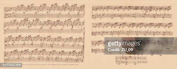 ilustrações, clipart, desenhos animados e ícones de manuscrito de bach, clavier bem temperado, c maior (1725), fac-símile, publicado 1885 - música clássica