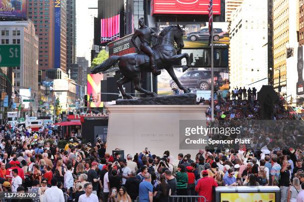 The sculpture “Rumors of War” is unveiled in Times Square on September 27, 2019 in New York City. “Rumors of War” was created by artist Kehinde Wiley...