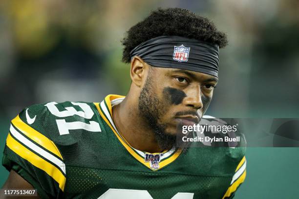 Adrian Amos of the Green Bay Packers looks on before the game against the Philadelphia Eagles at Lambeau Field on September 26, 2019 in Green Bay,...