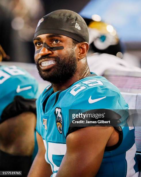 Hayden of the Jacksonville Jaguars looks on from the sidelines during a game against the Tennessee Titans at TIAA Bank Field on September 19, 2019 in...