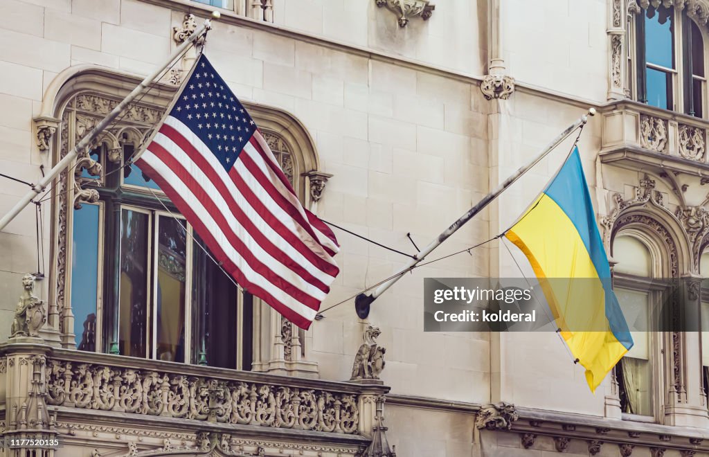 National flags of USA and Ukraine in midtown Manhattan