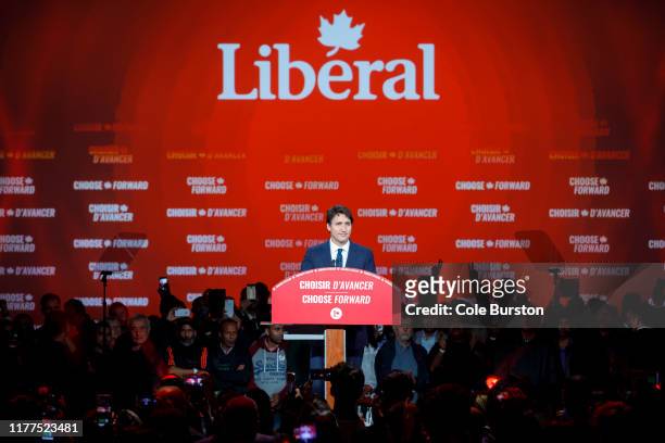 Liberal Leader and Canadian Prime Minister Justin Trudeau delivers his victory speech at his election night headquarters on October 21, 2019 in...