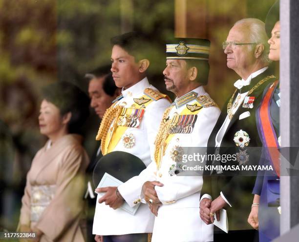 Swedish King Carl XVI Gustaf and Brunei's Sultan Hassanal Bolkiah attend the enthronement ceremony where emperor officially proclaims his ascension...