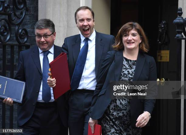 Justice Secretary Robert Buckland, Health and Social Care Secretary Matt Hancock and Digital, Culture, Media and Sport Secretary Nicky Morgan leave...