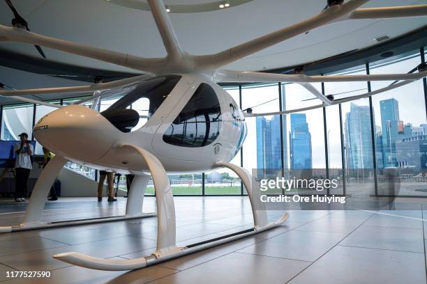 Prototype of the Volocopter air taxi on display in the VoloPort building on October 22, 2019 in Singapore.