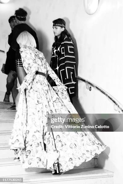 This image has been converted in black and white] A model poses backstage ahead of the Guy Laroche Womenswear Spring/Summer 2020 show as part of...