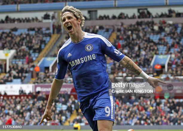 Chelsea's Spanish striker Fernando Torres celebrates scoring his goal during the English Premier League football match between Aston Villa and...