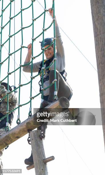 Sophie, Countess of Wessex tries out the High Wire Assault Course during The Countess of Wessex Cup 2019 at St John Moore Barracks on October 22,...